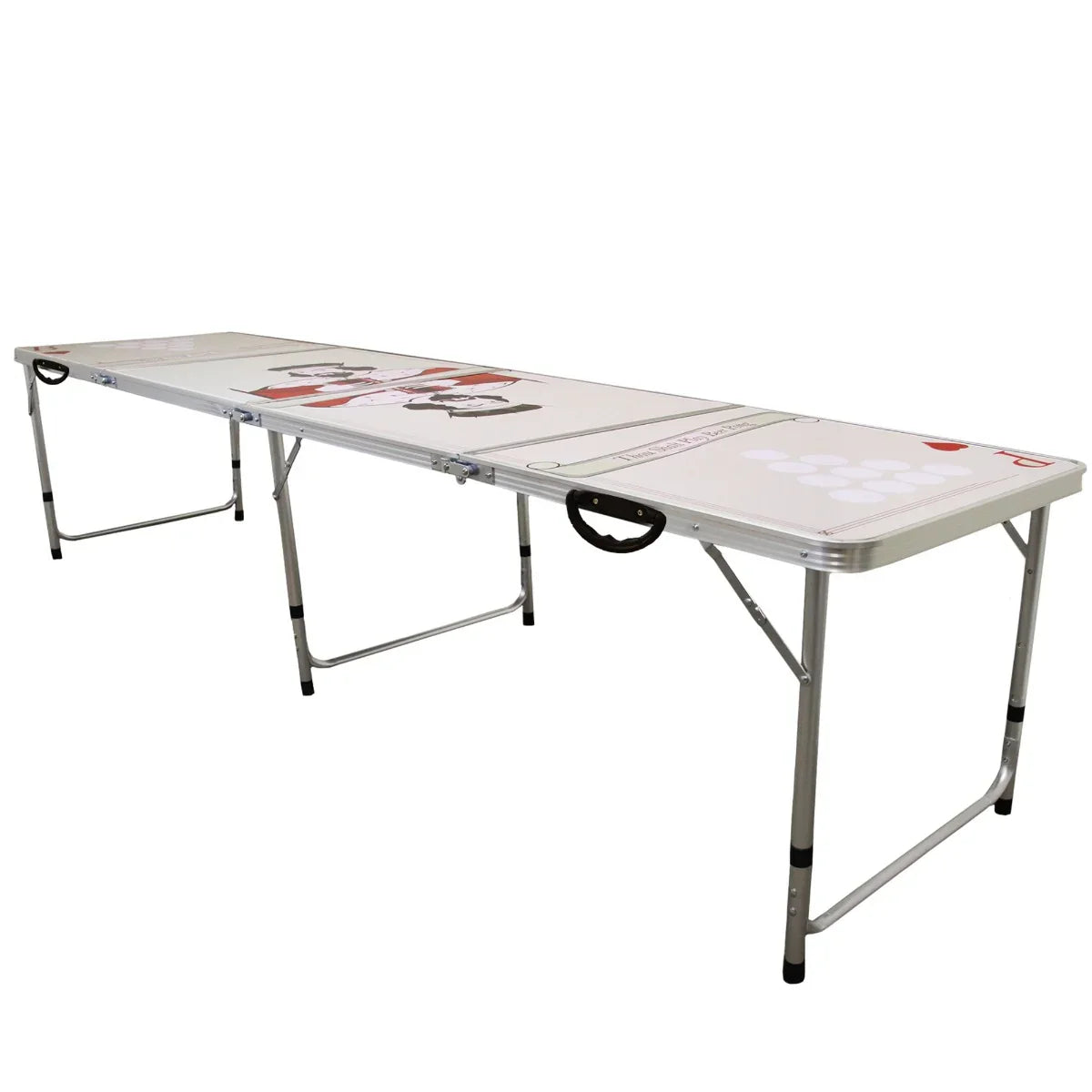 8FT beer pong table featuring a sturdy aluminum frame, smooth white surface with red cup graphics, and foldable design for easy transport