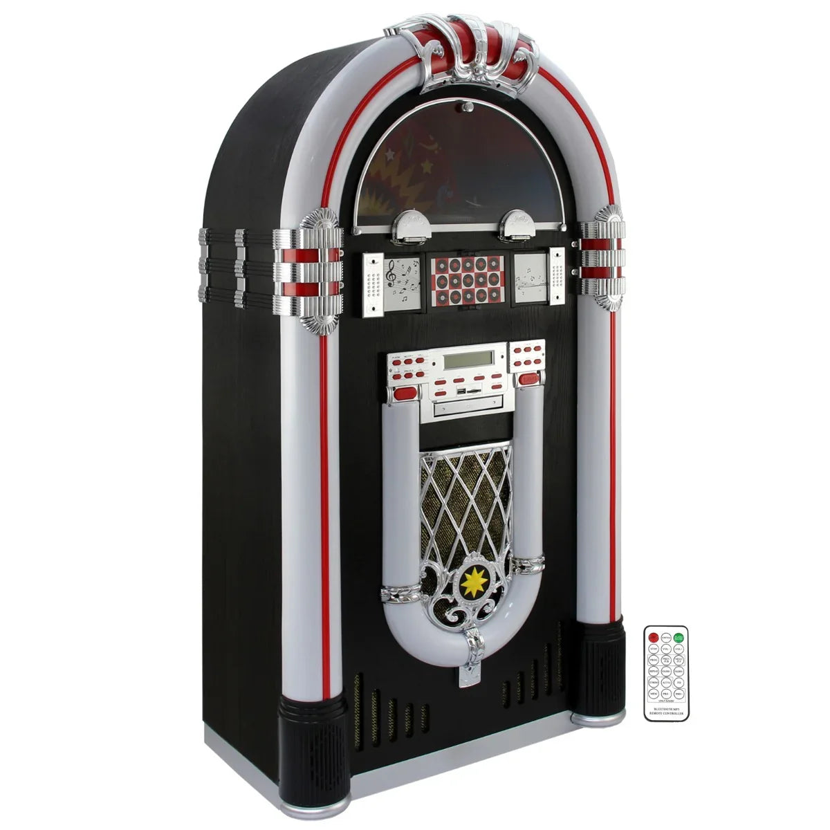 Retro jukebox vinyl record player with a sleek black and chrome design, featuring colorful buttons and a remote control for easy use
