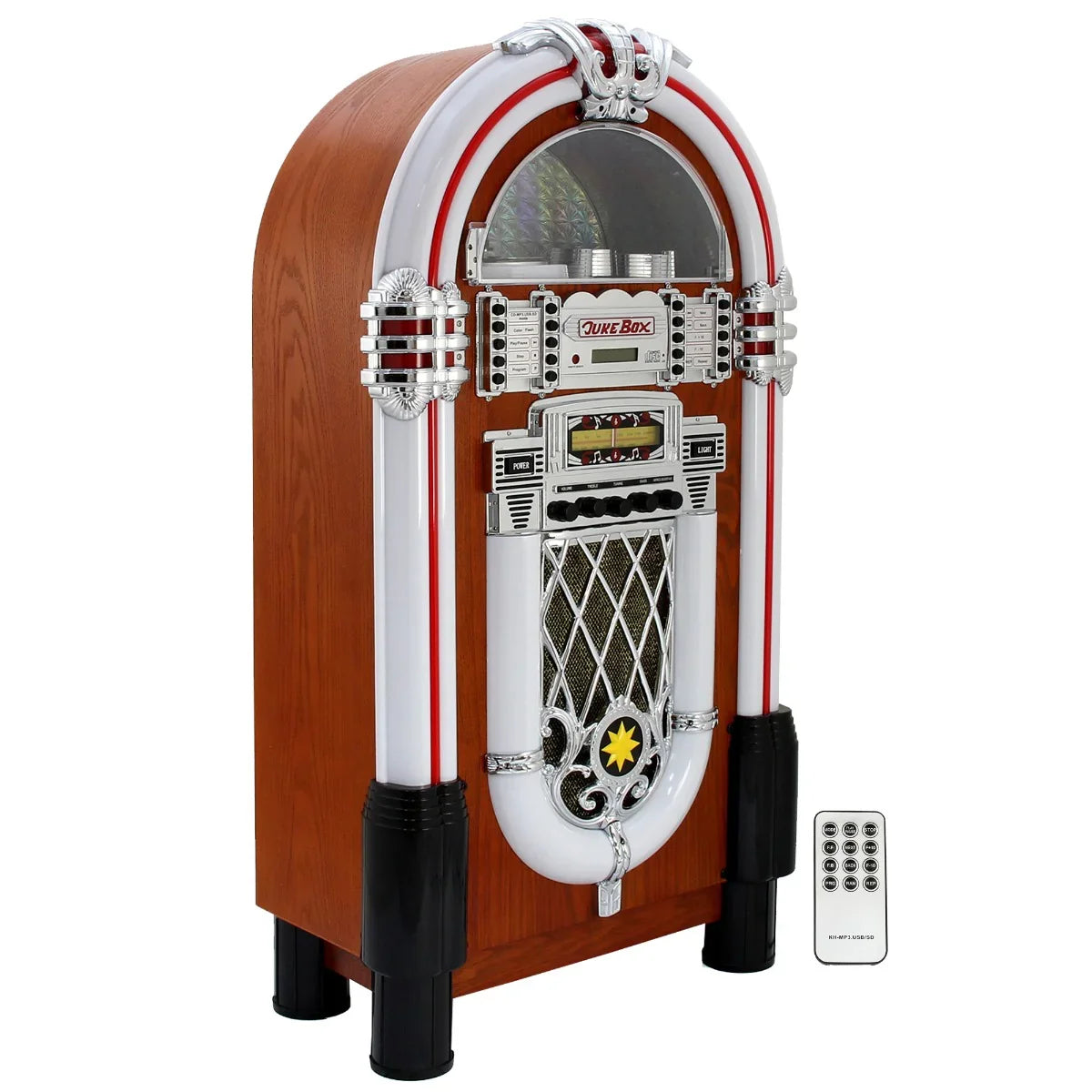 Retro style illuminated jukebox sound system with a wooden finish, chrome accents, colorful lights, and remote control for easy use