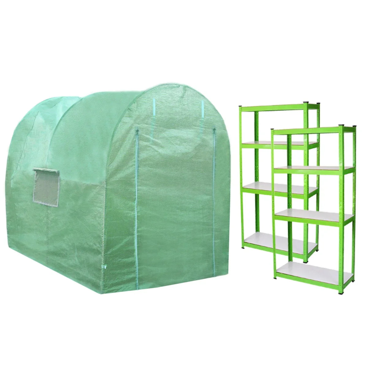 Green polytunnel 19mm frame, 4m x 2m, with side window and adjacent green racking unit featuring white shelves for plant storage