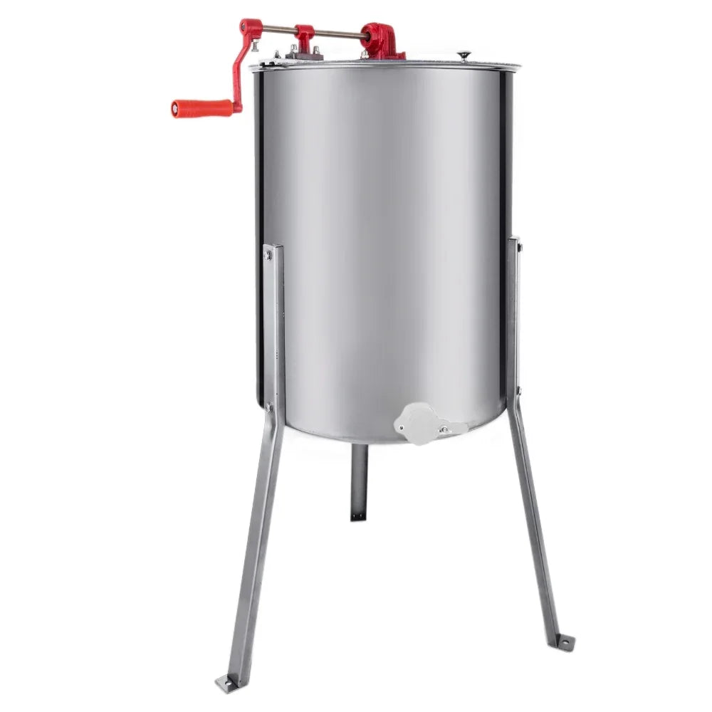 Stainless steel manual honey extractor with a red crank handle, sturdy legs, and a polished finish for easy honey separation