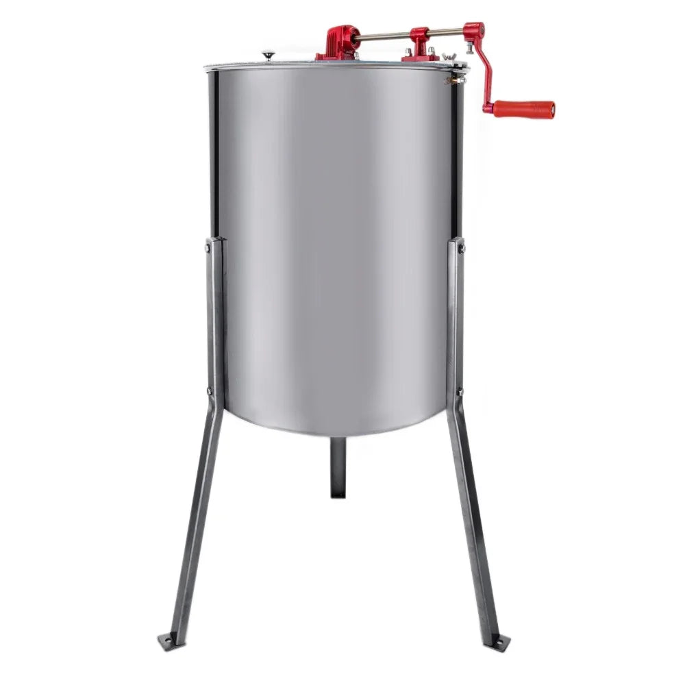 Manual honey extractor with a shiny stainless steel body, red crank handle, and sturdy metal legs for easy honey extraction