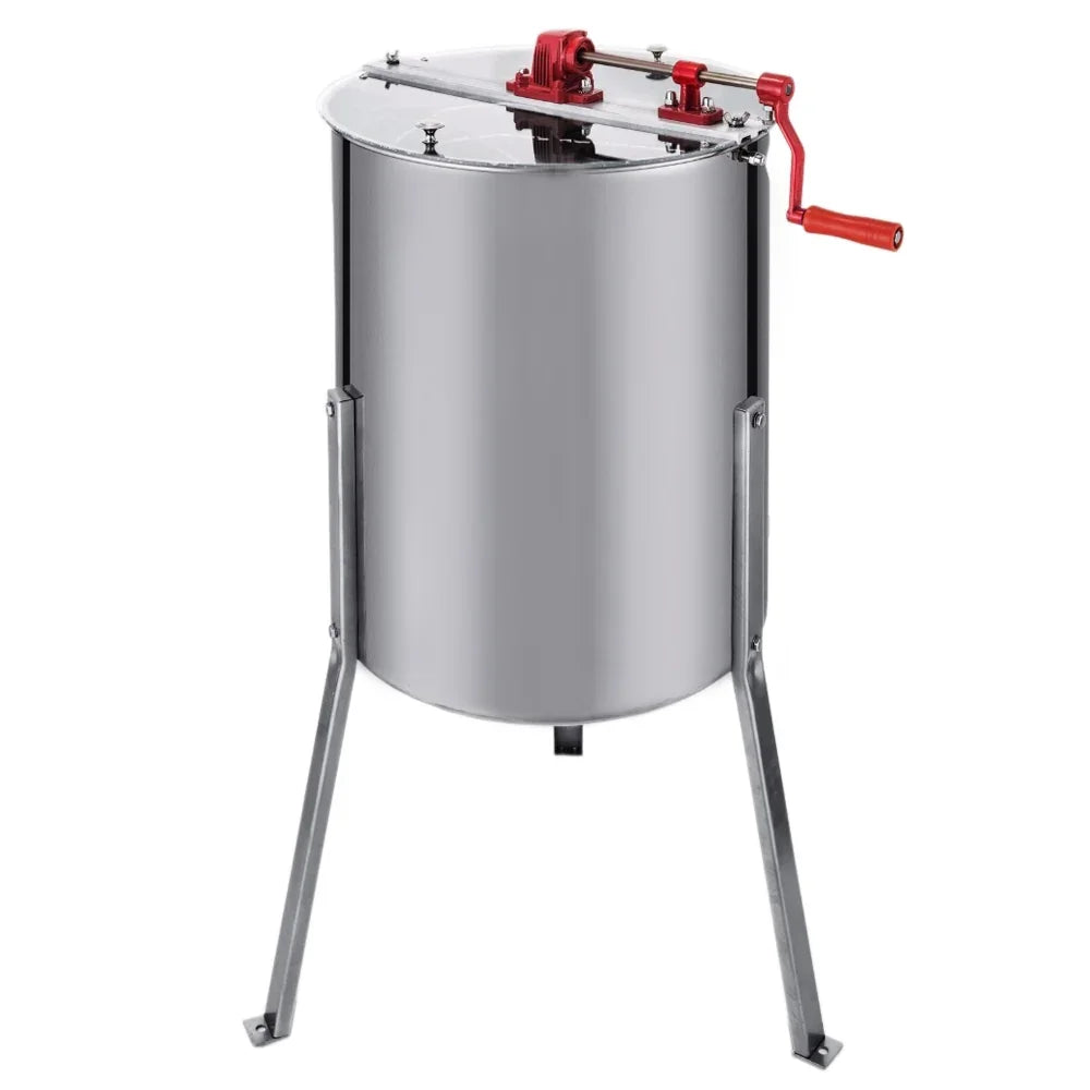 Stainless steel manual honey extractor with a red crank handle, featuring a sturdy base and a polished finish for durability