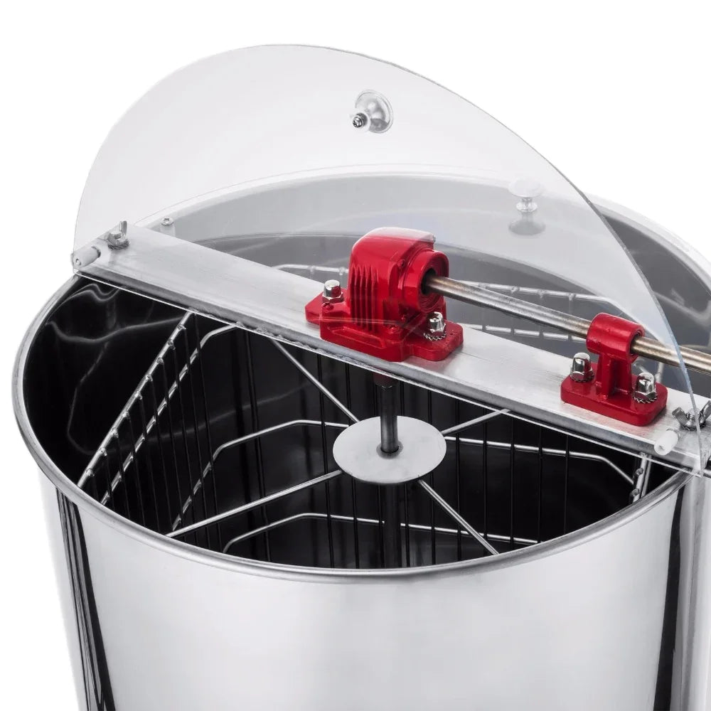Manual honey extractor featuring a stainless steel drum, red metal components, and a clear lid for easy honey collection and visibility