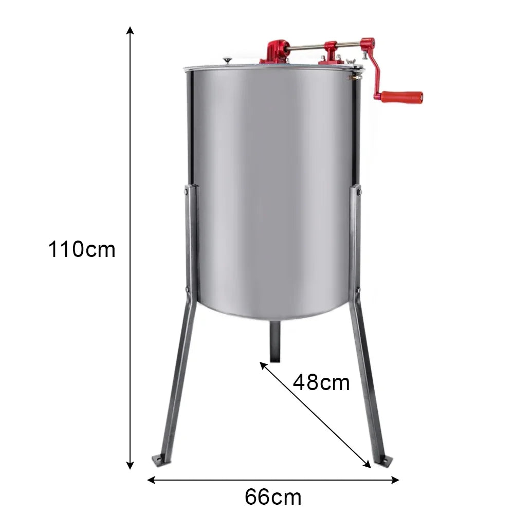 Stainless steel manual honey extractor with a red crank handle, measuring 110cm tall and 66cm wide, designed for efficient honey extraction