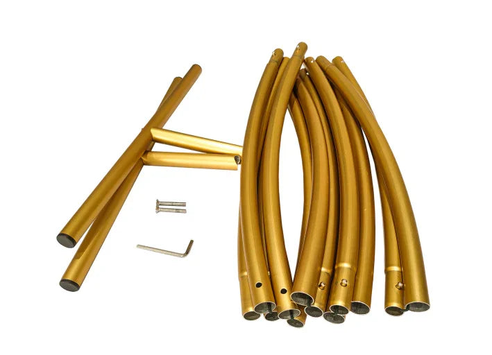 Gold wedding moongate components, featuring curved metal tubes and assembly hardware, perfect for elegant event decorations