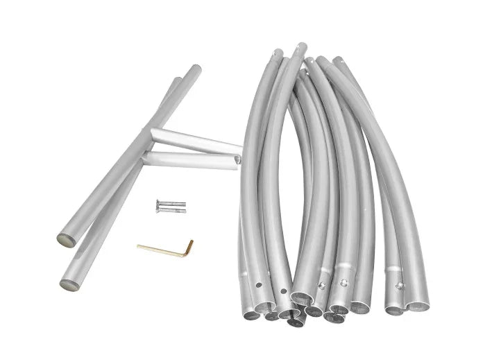 Silver wedding moongate components, featuring curved metal pipes and assembly hardware, designed for elegant event backdrops