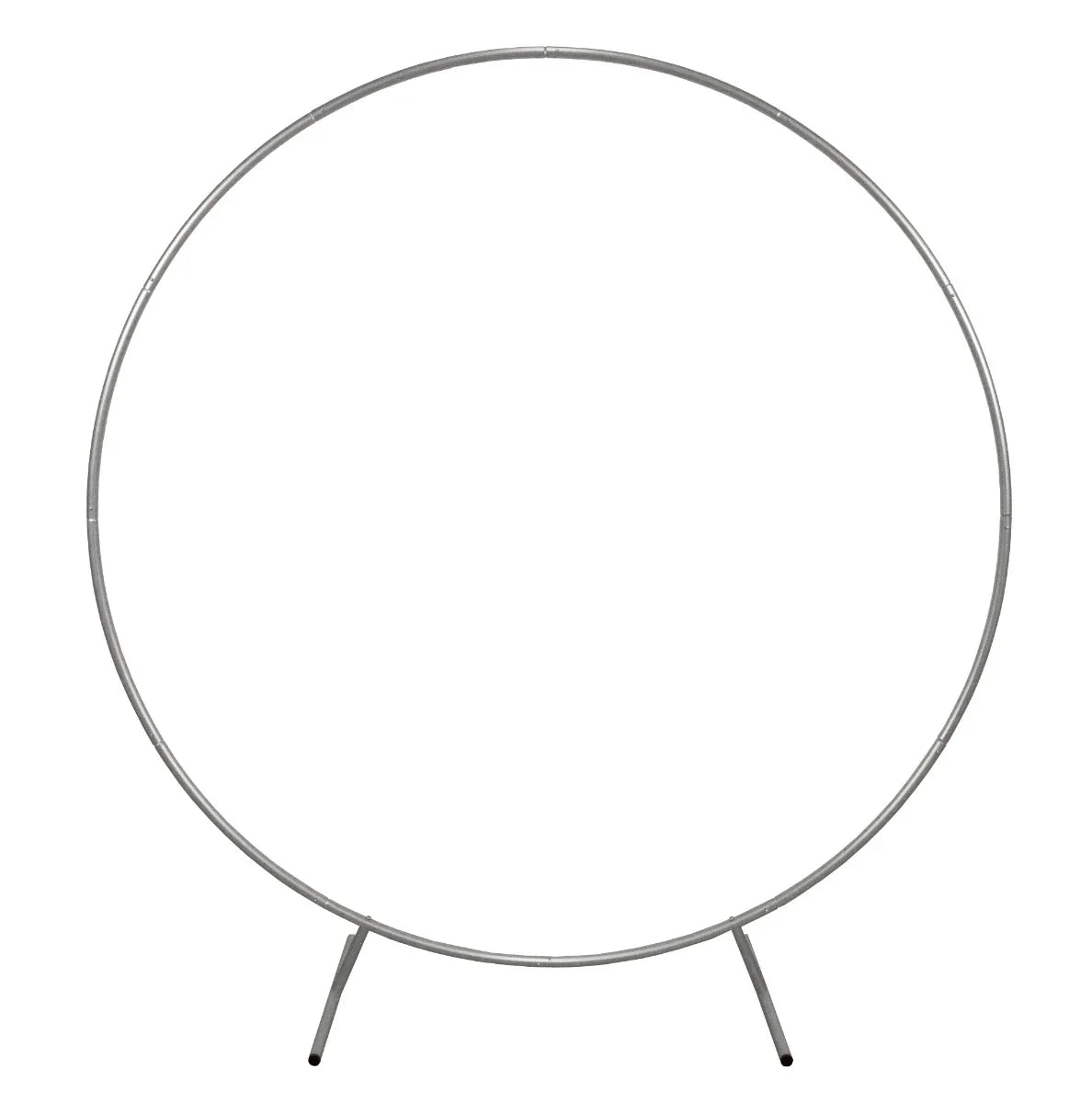 Elegant 200cm silver wedding moongate with a sleek circular design, perfect for ceremonies and photo backdrops, featuring sturdy support legs