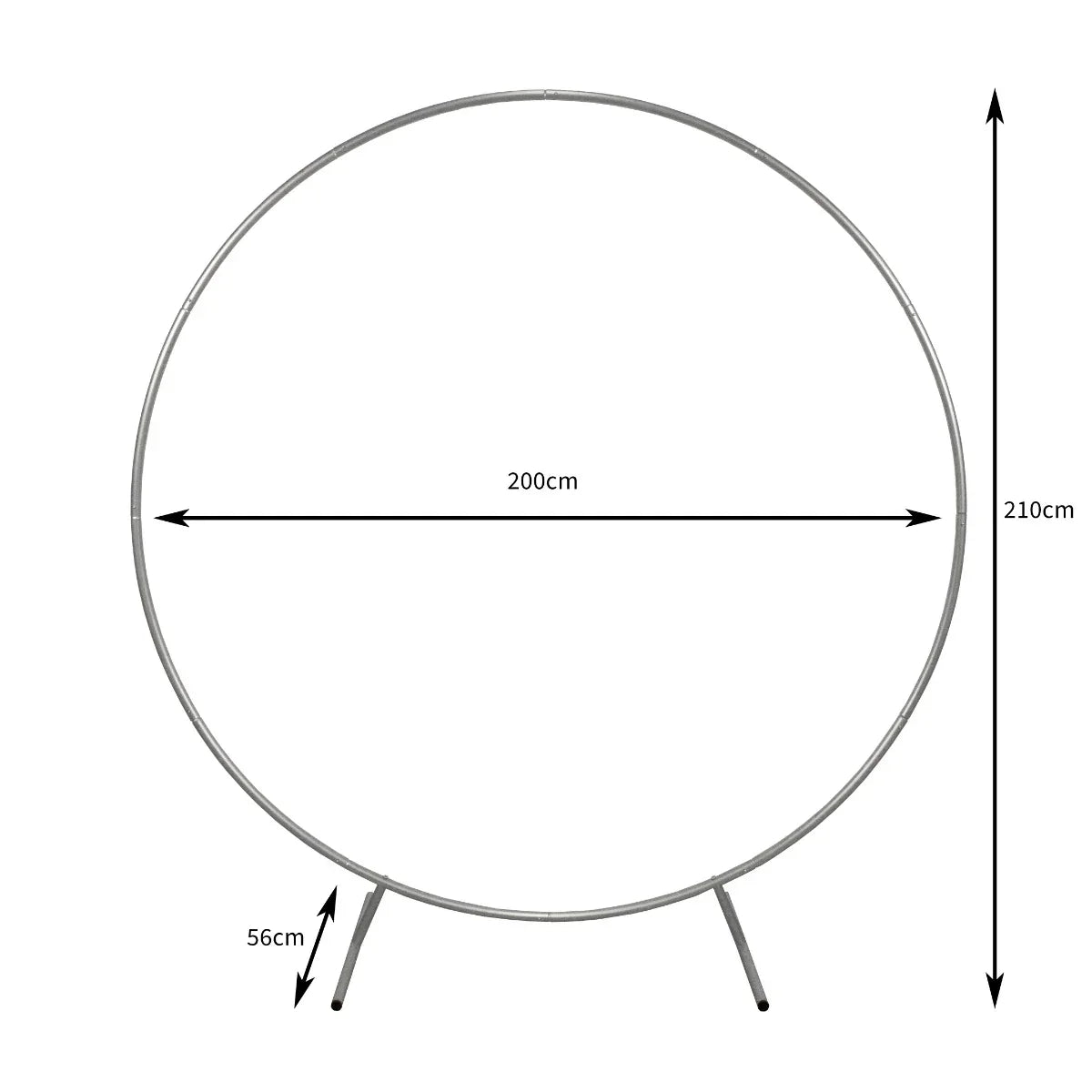 Silver wedding moongate, 200cm diameter, featuring a sleek circular design with sturdy legs, ideal for elegant ceremonies and decorations