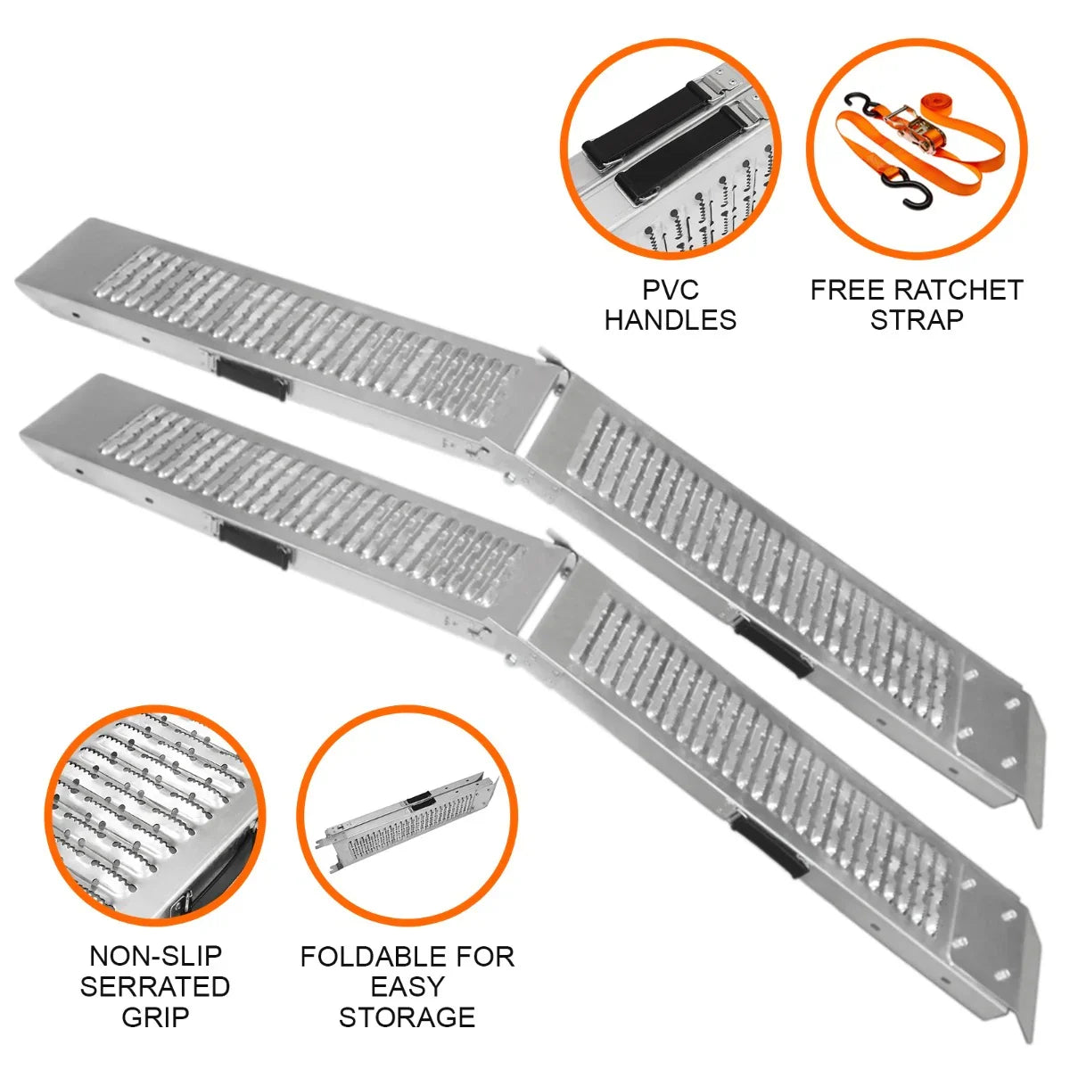 Foldable aluminum motorbike ramps with non-slip serrated grip, PVC handles, and free ratchet strap for secure loading and storage