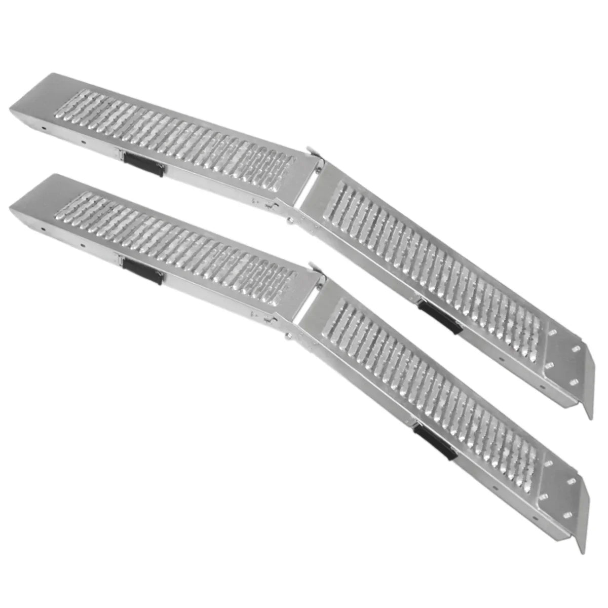 Foldable aluminum motorbike ramps with textured surface for grip, featuring a lightweight design and sturdy construction for easy loading