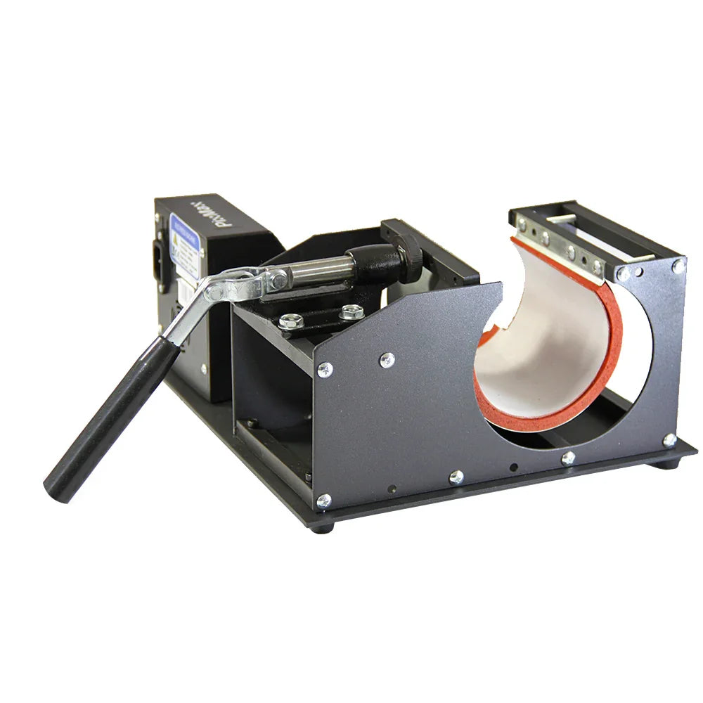 PixMax Mug Heat Press features a sturdy black metal frame, a lever handle, and a curved heating element for custom mug designs