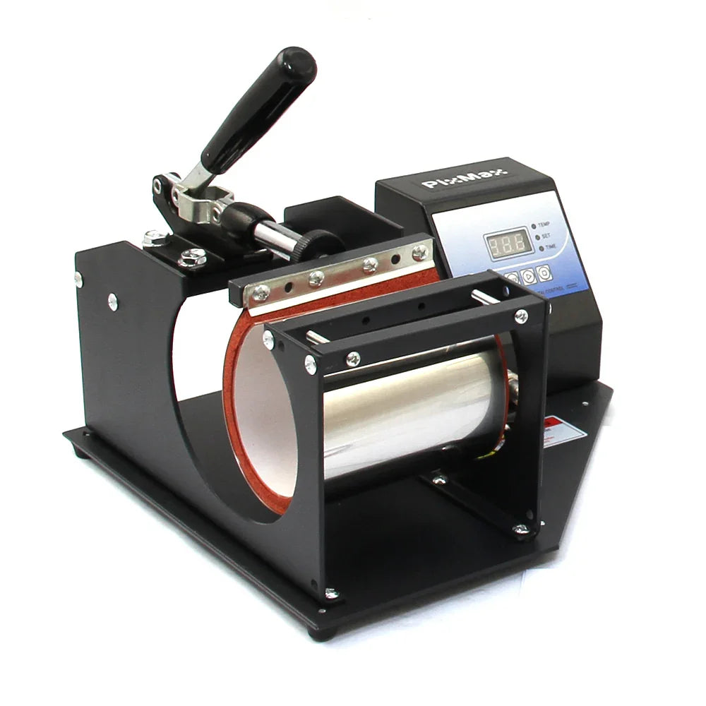 PixMax 5 in 1 Mug Heat Press with a sleek black frame, digital display, and cylindrical heating element for custom mug designs