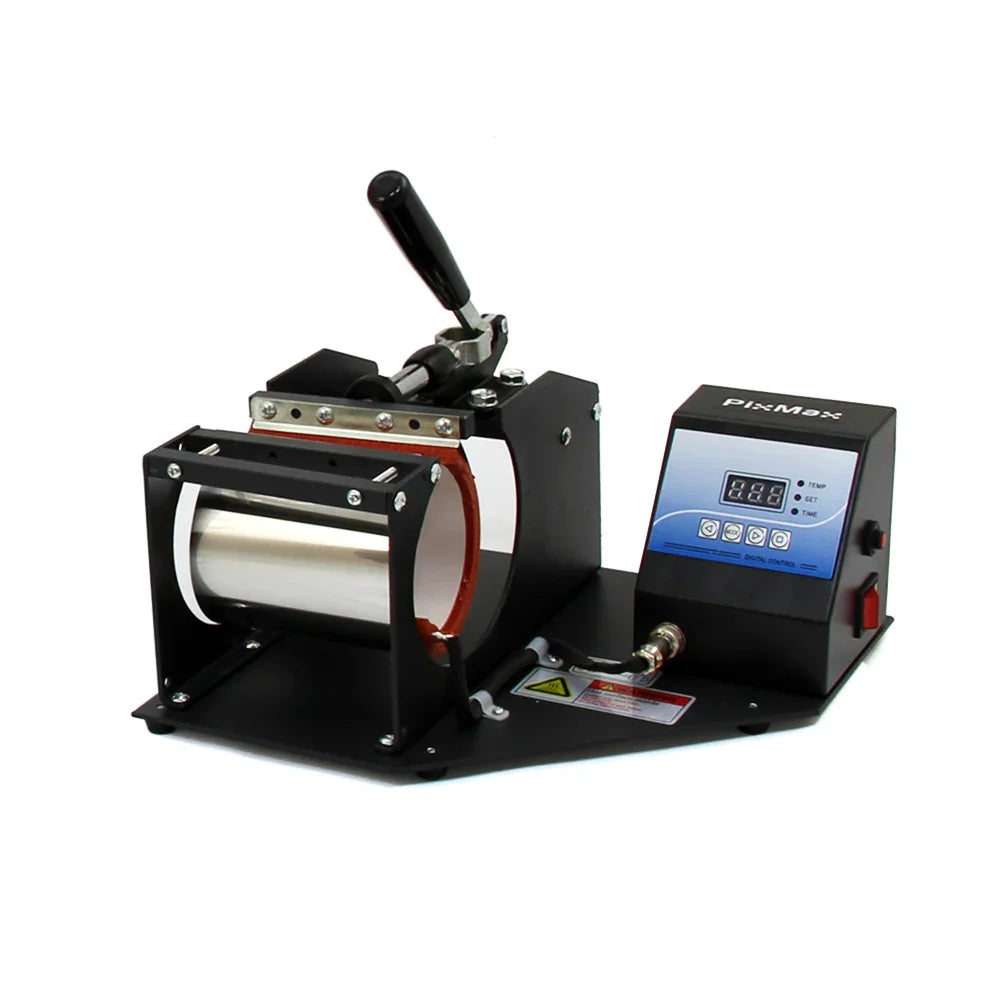 PixMax sublimation mug press with digital display, featuring a sleek black design and stainless steel heating element for custom mug printing