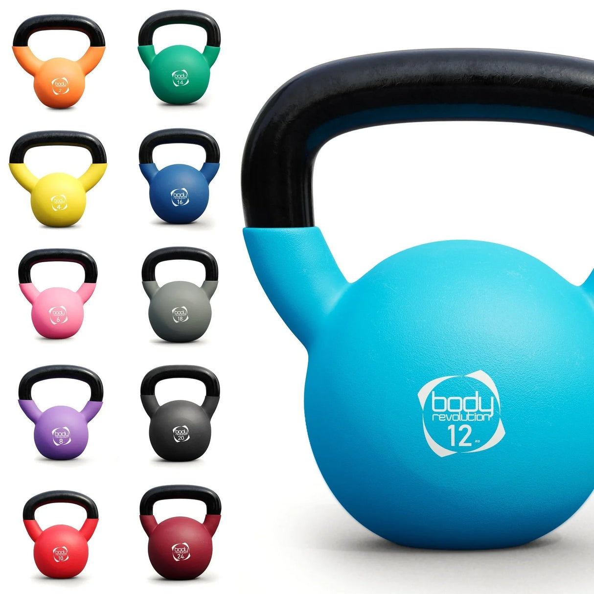 Colorful Body Revolution neoprene kettlebells in various weights, featuring a textured grip and vibrant finishes for easy identification