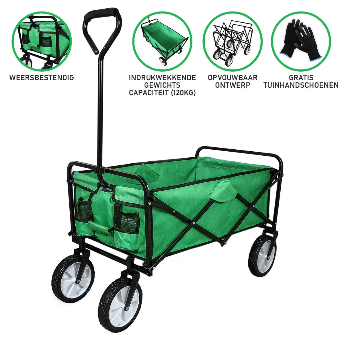 Foldable garden cart in vibrant green with sturdy black frame, large storage area, and durable wheels for easy transport