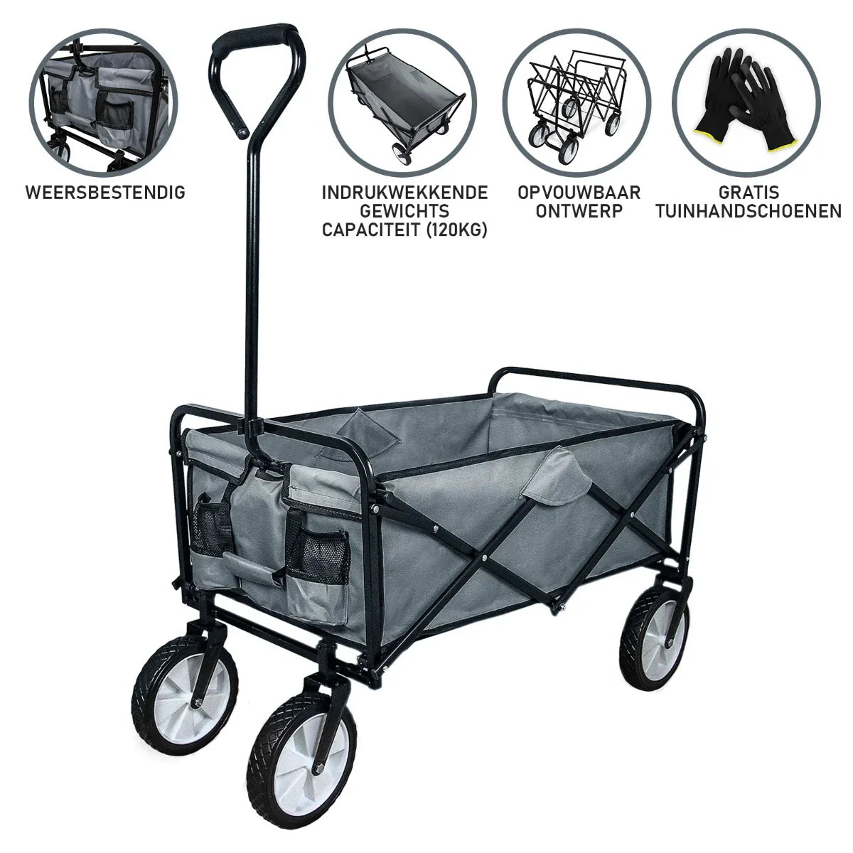 Foldable grey garden cart with sturdy black frame, large storage area, and durable wheels, ideal for outdoor tasks and gardening
