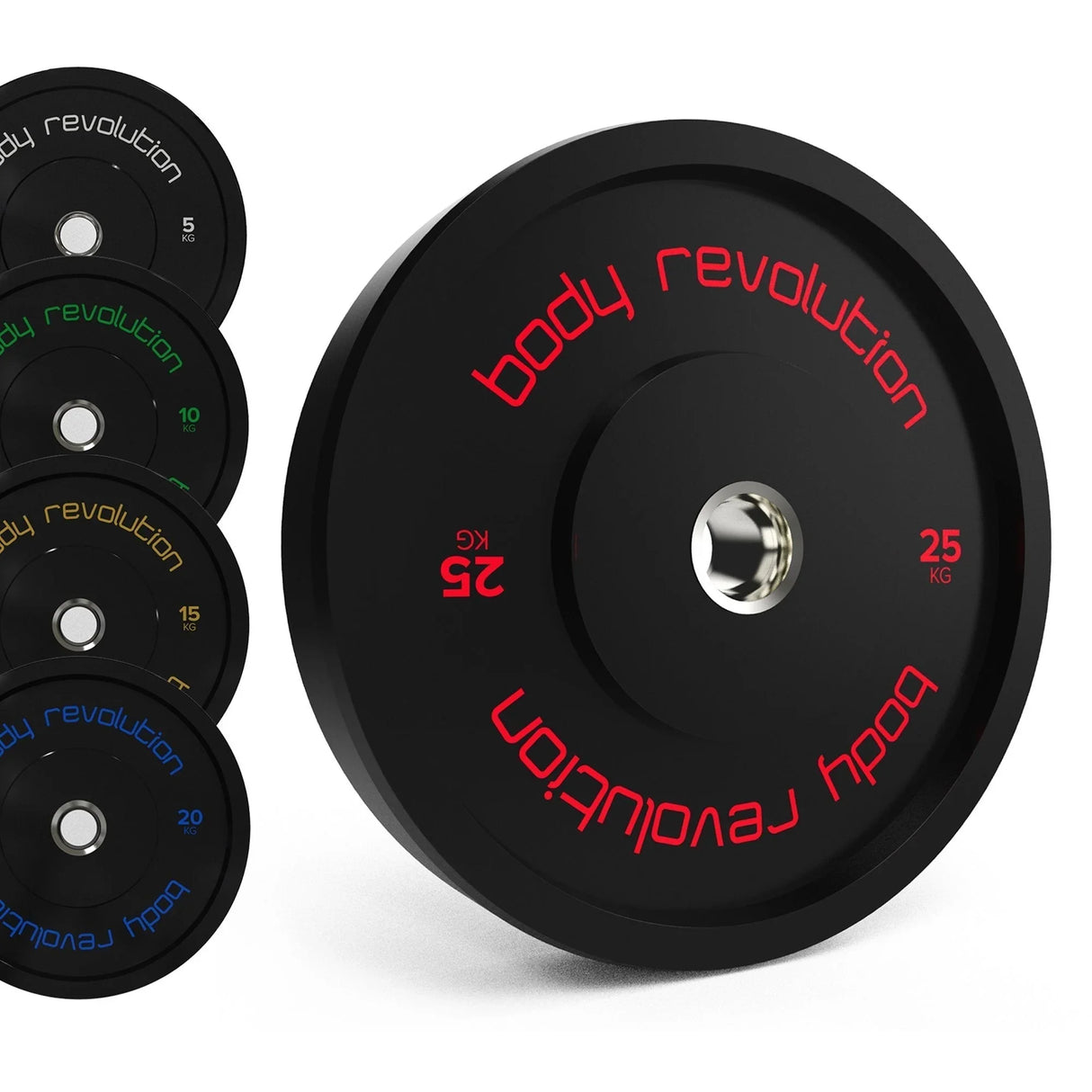 Body Revolution Olympic black bumper plates bundle featuring 25kg, 20kg, 15kg, and 10kg weights with vibrant red and green markings