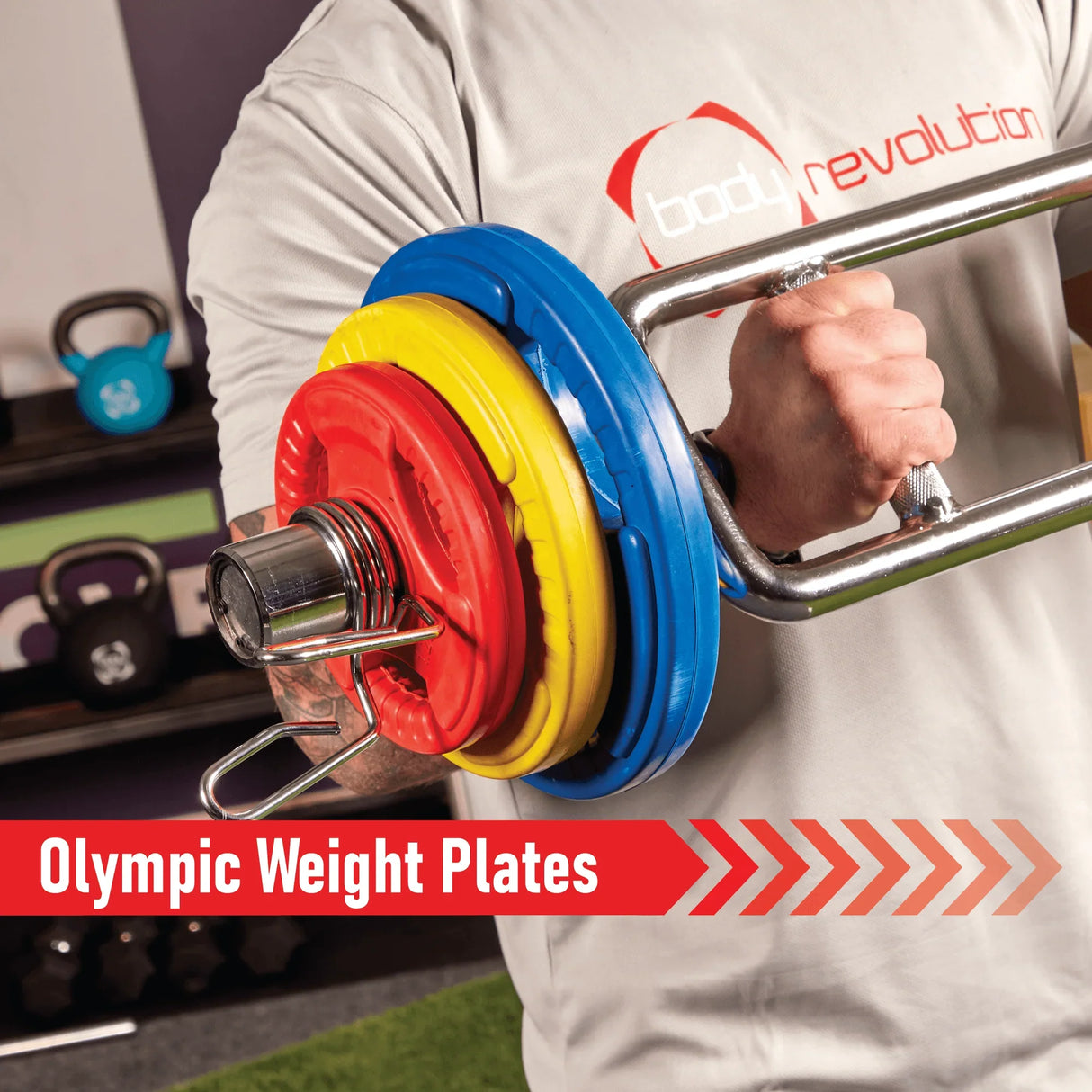 Olympic Tri-Grip rubber weight plates in vibrant blue, red, and yellow, securely attached to a barbell, showcasing durability and grip