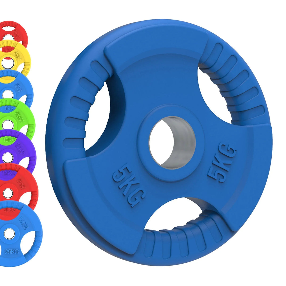 5kg blue Olympic tri-grip rubber weight plate with textured surface, featuring easy-to-grip handles and vibrant color options displayed