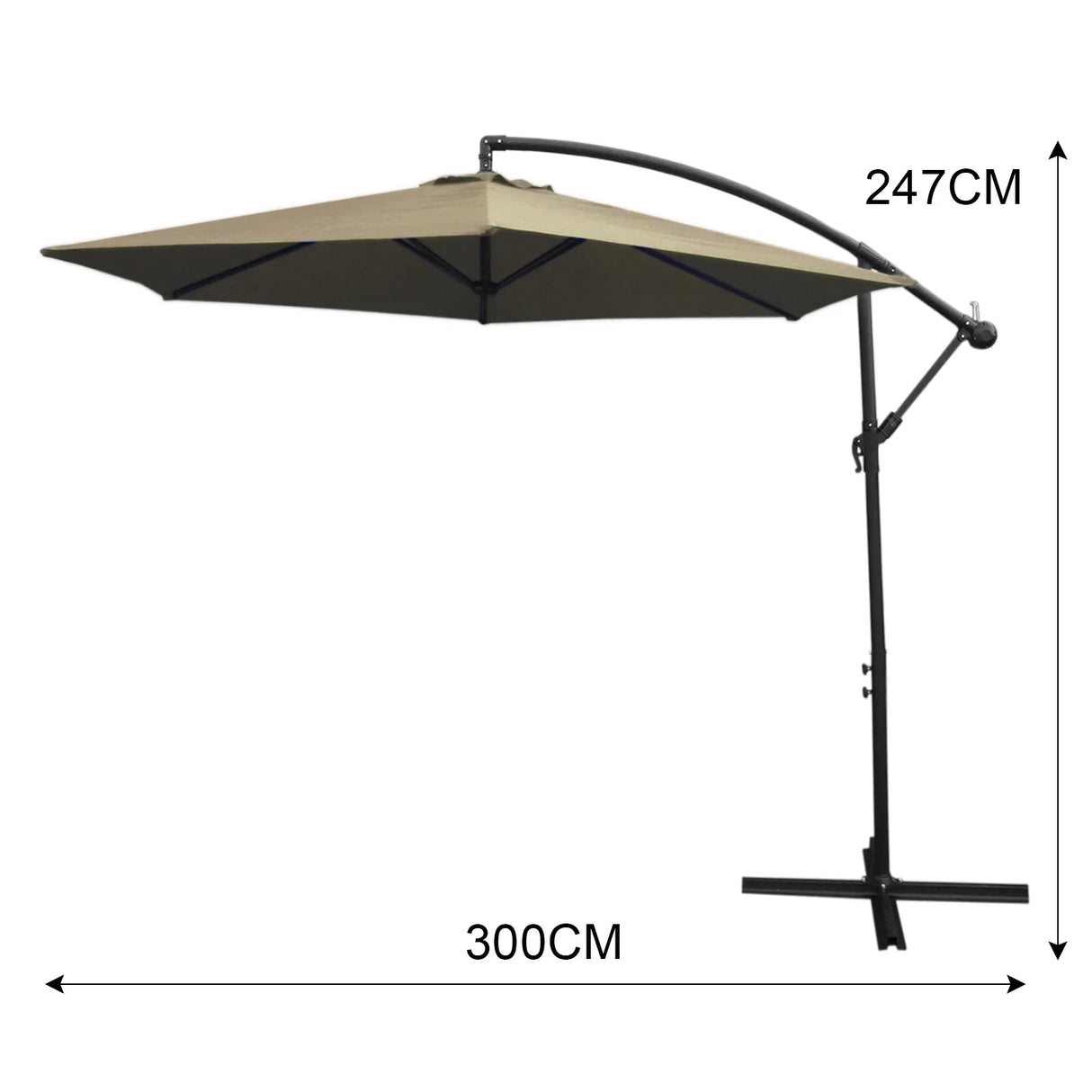 Beige cantilever parasol with a sturdy black metal frame, featuring a large square canopy measuring 300cm x 247cm for ample shade