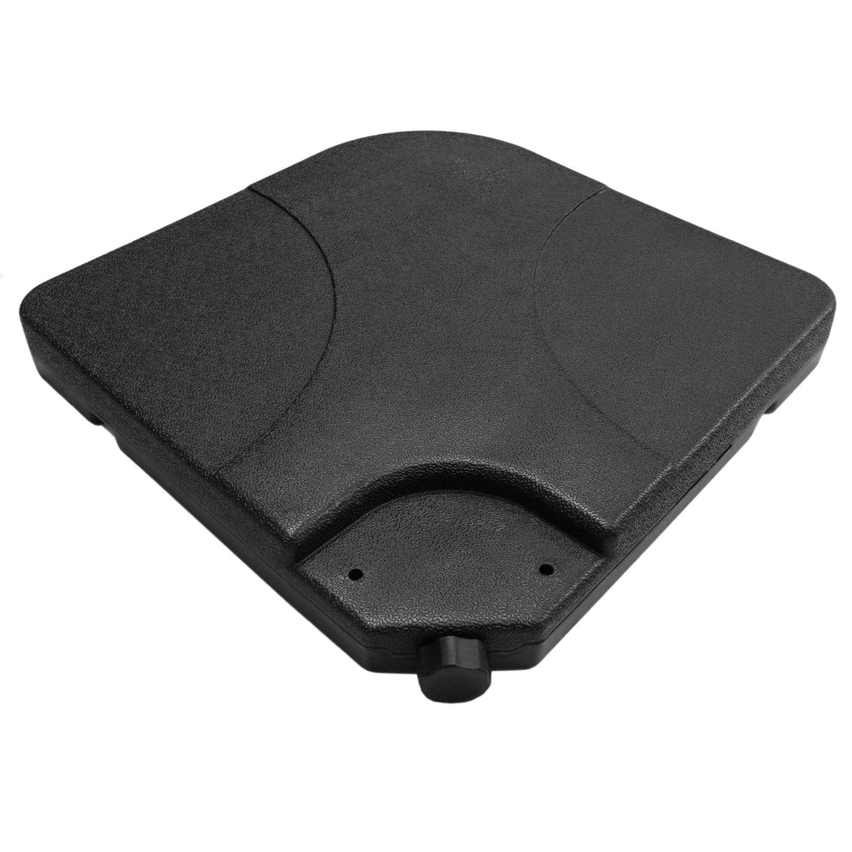 Black square base for a cantilever parasol, featuring a textured surface and a central tightening knob for stability