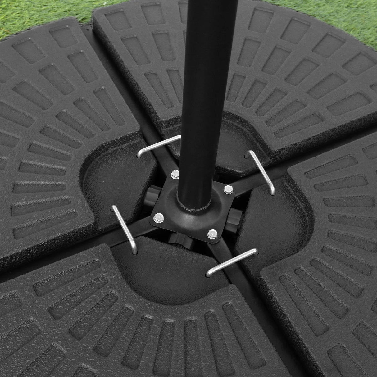 Black cantilever parasol fan base featuring a sturdy, textured design with a central pole support and metal connectors for stability