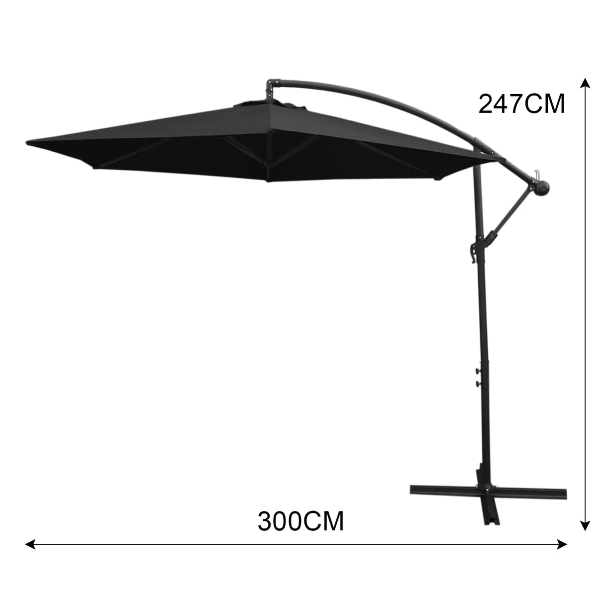 Black cantilever parasol with a sleek design, featuring a 300cm canopy and sturdy square base for outdoor shade and elegance