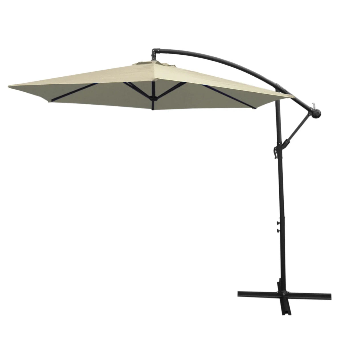 Cream cantilever parasol with a large, square canopy, sturdy black frame, and adjustable arm for optimal sunshade positioning