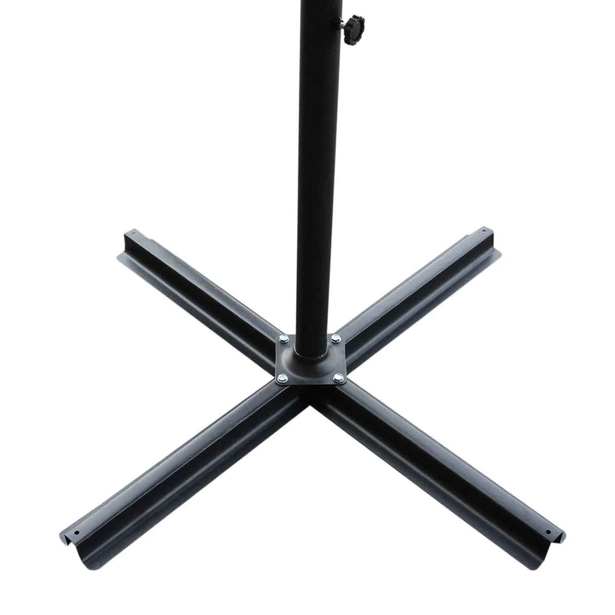 Sturdy black metal base of a cream cantilever parasol, featuring a cross design for stability and support in outdoor settings