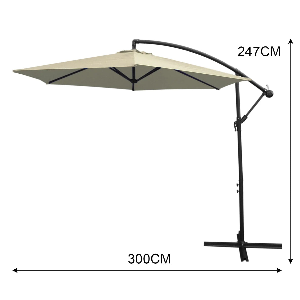 Cream cantilever parasol with a beige canopy, sturdy black frame, and adjustable height, perfect for outdoor shade and relaxation