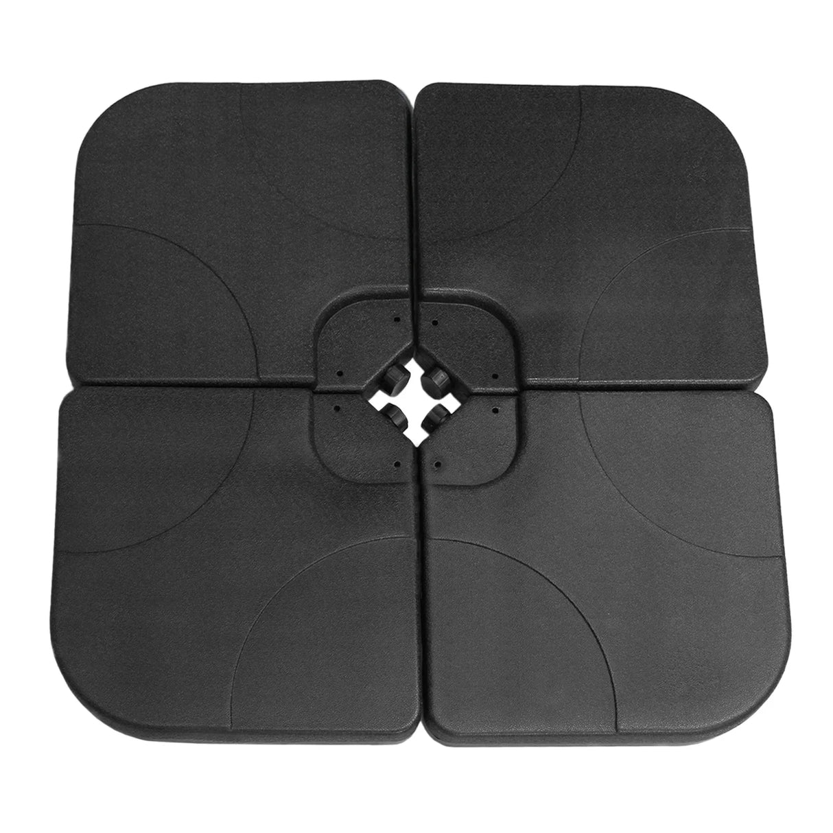 Square black base for a cream cantilever parasol, featuring a sturdy design with interlocking sections for stability