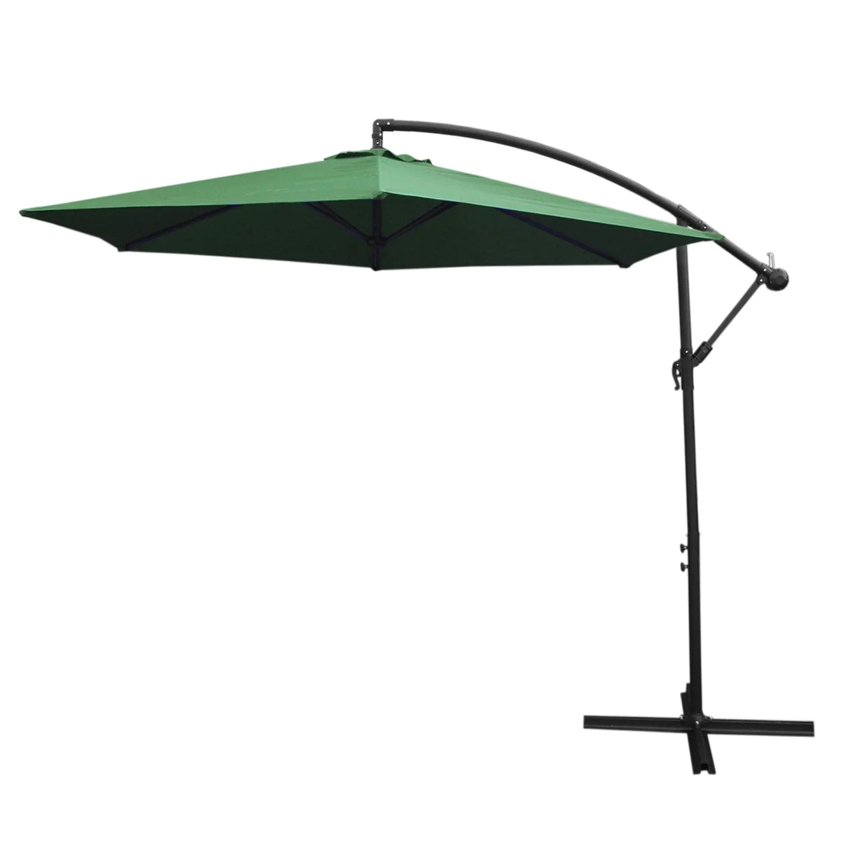 Green cantilever parasol with a large square canopy, sturdy black frame, and adjustable arm for optimal sun protection in outdoor spaces