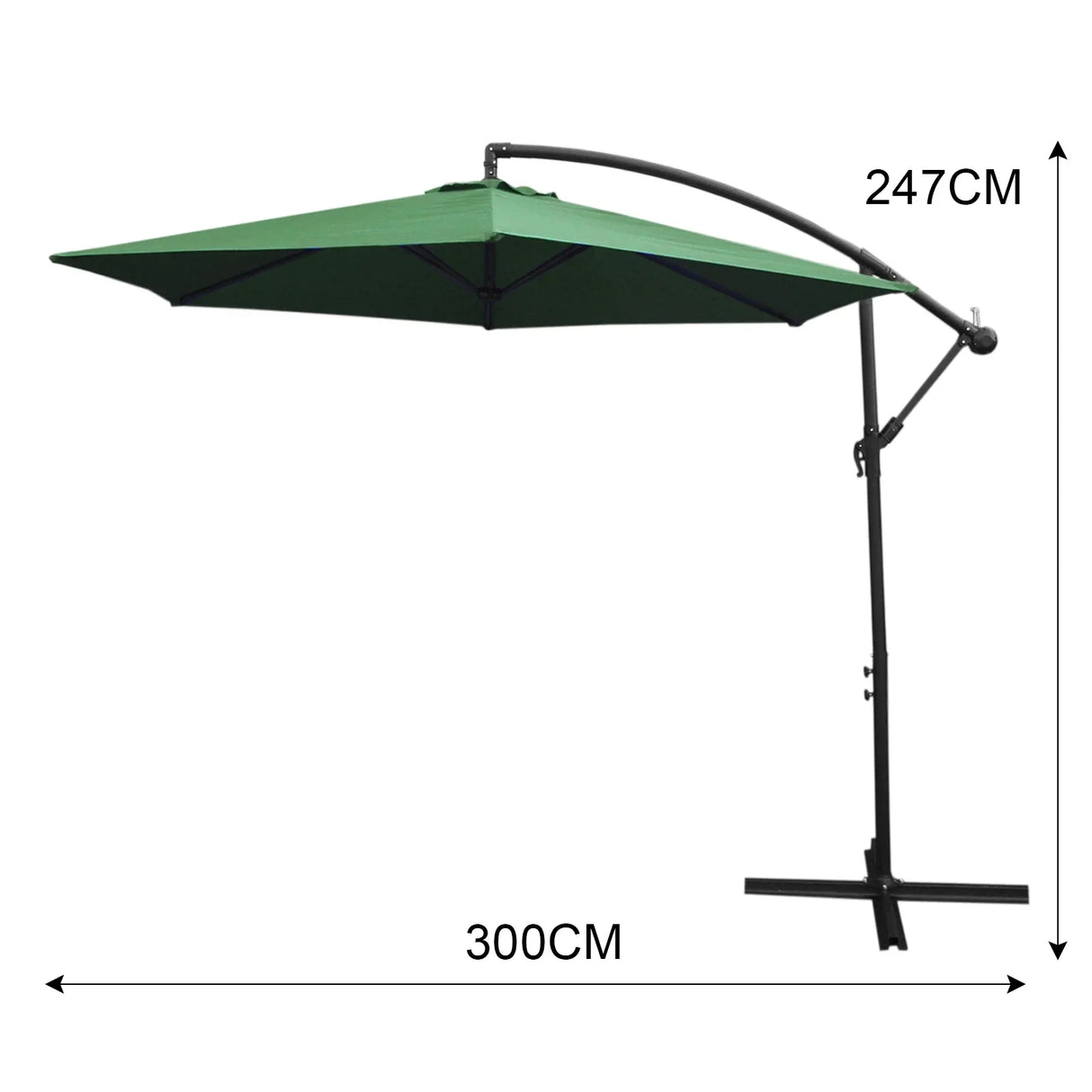 Green cantilever parasol with a large square canopy, sturdy black frame, and adjustable height for optimal sun protection