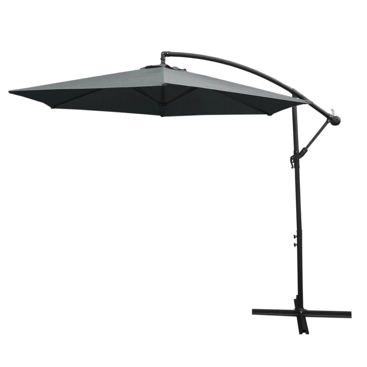 Grey cantilever parasol with a sleek, angular design, featuring a sturdy black frame and a large, shaded canopy for outdoor relaxation