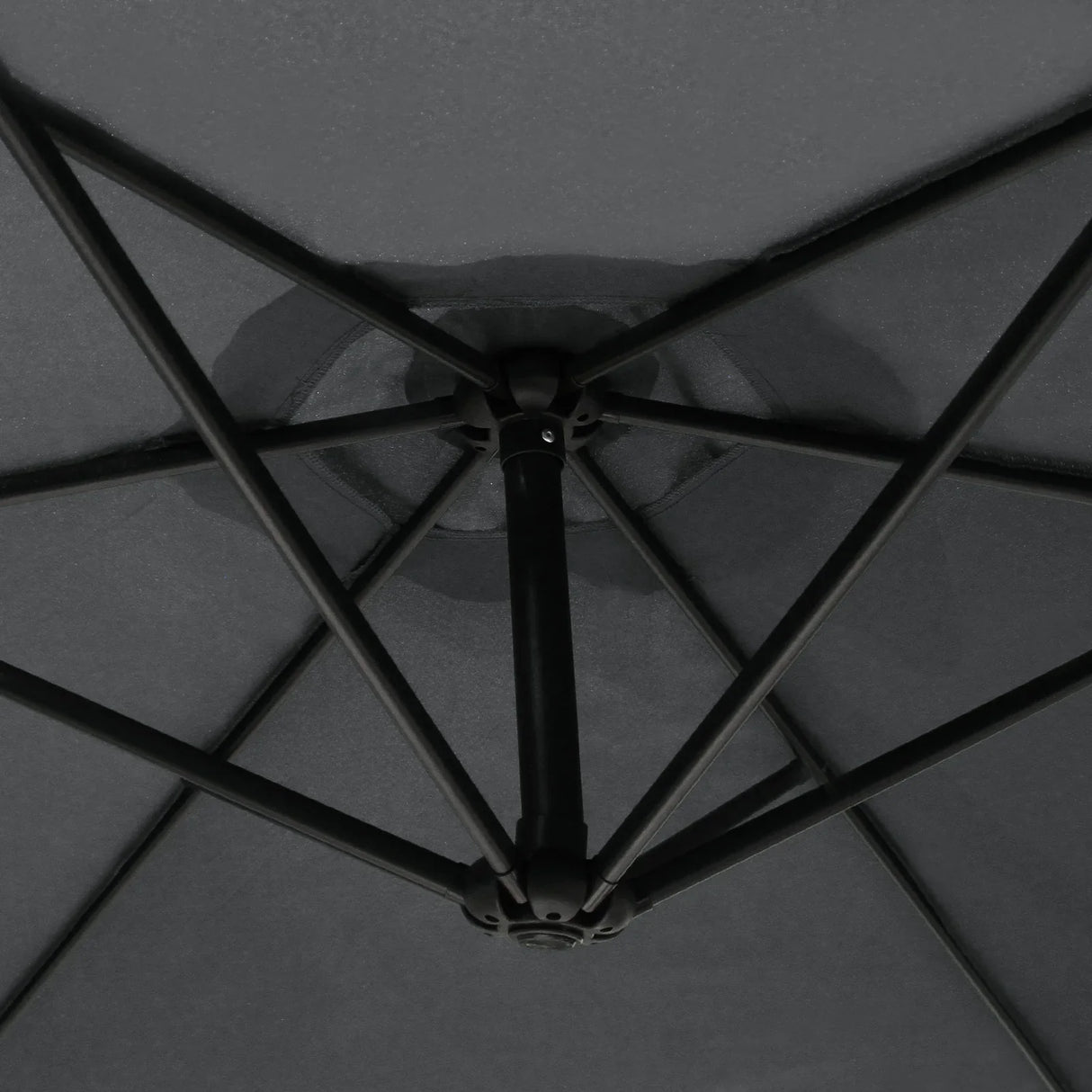 Grey cantilever parasol featuring a sturdy black frame and a spacious, textured canopy, showcasing its structural design and durability