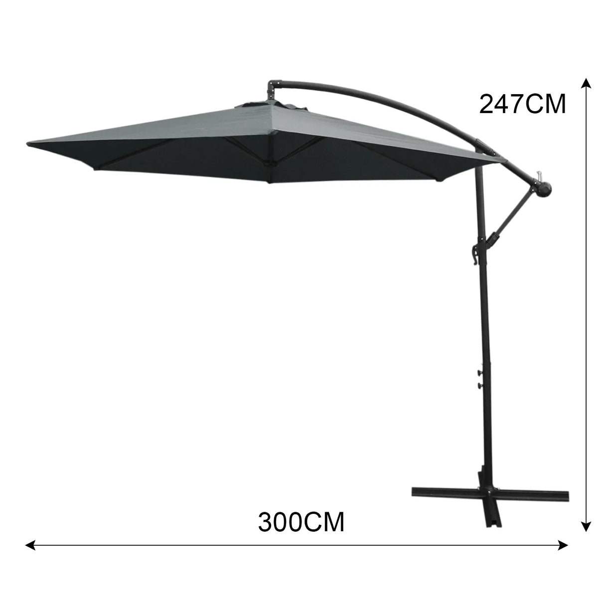 Grey cantilever parasol with a square base, featuring a large, rectangular canopy and a sleek black frame, ideal for outdoor shading
