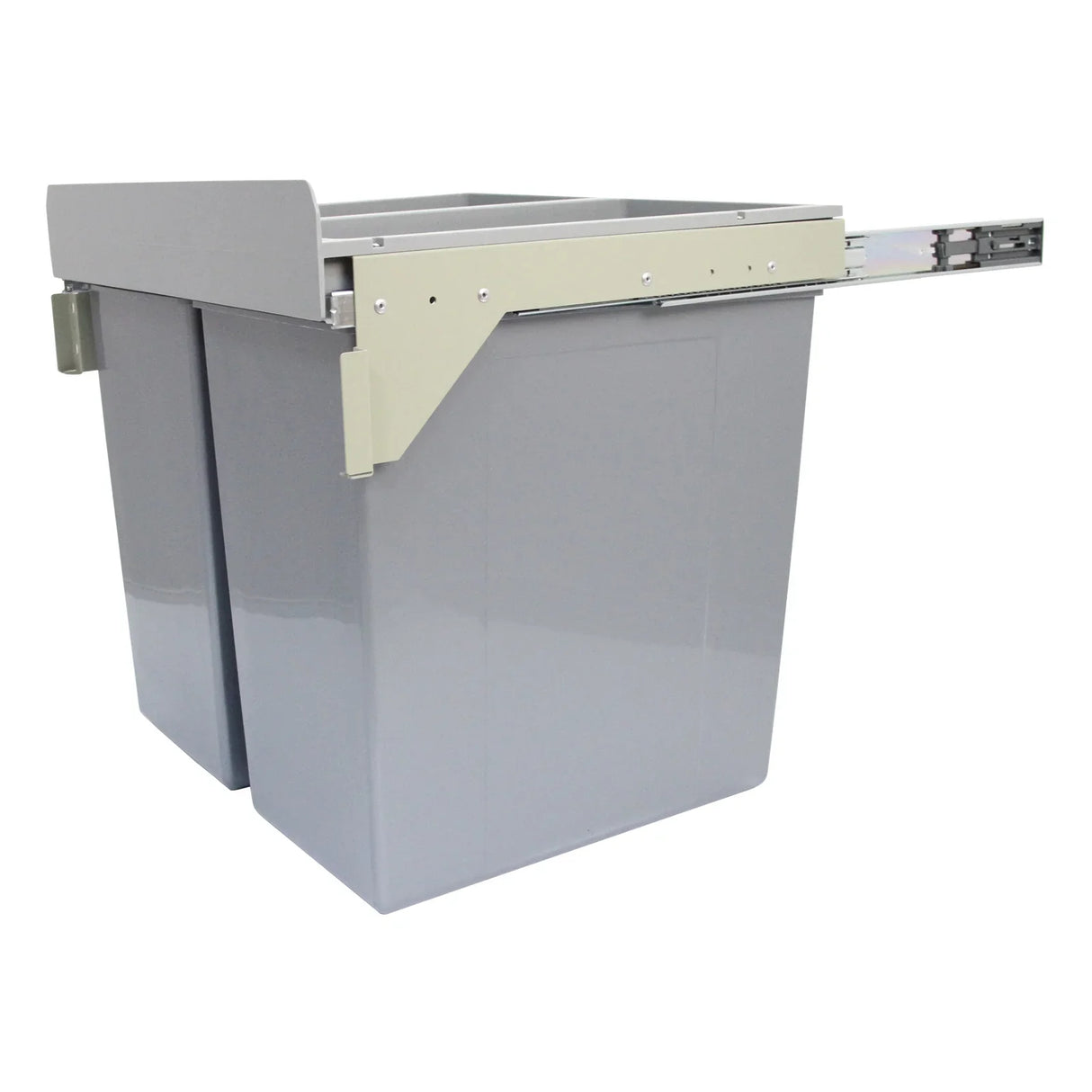 KuKoo 90L pull-out recycle waste bin with two gray plastic containers, smooth sliding mechanism, and sleek design for easy access