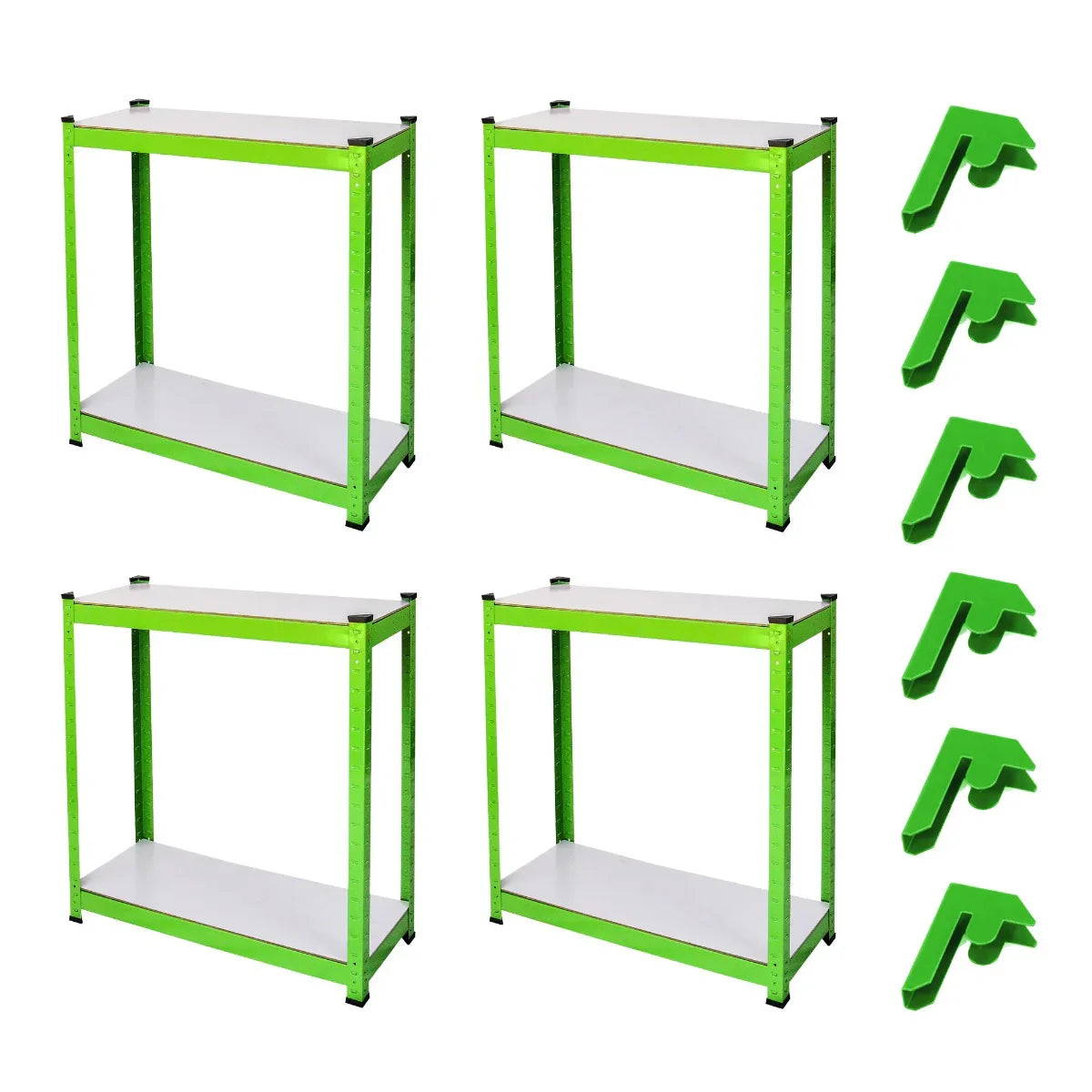 Polytunnel 25mm 3m x 2m with racking features a sturdy green frame and white shelves, ideal for organizing plants and gardening tools