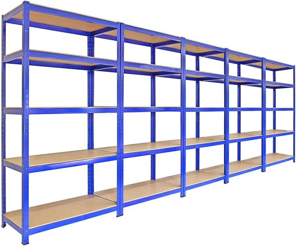 Blue metal storage racks with five 90cm shelves, sturdy design, 4200kg capacity, featuring free bay connectors and a mallet