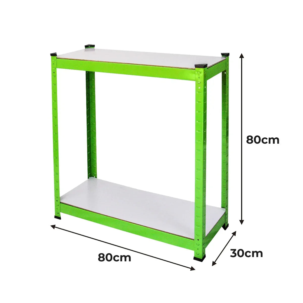Polytunnel racking unit in vibrant green, featuring two sturdy shelves, measuring 80cm wide, 30cm deep, and 80cm tall