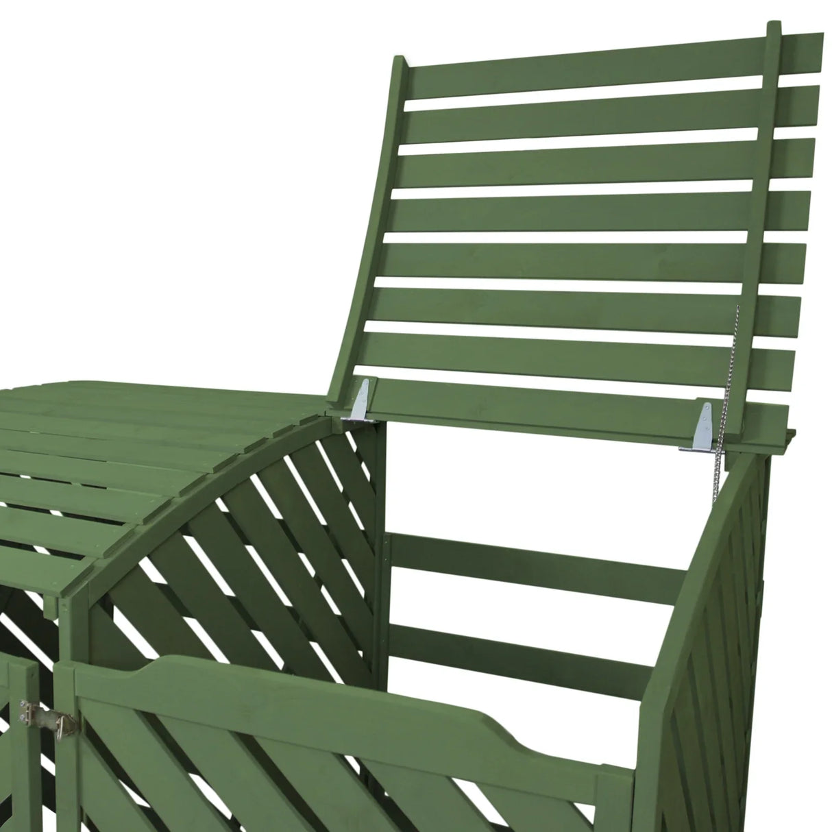 Sage green double wheelie bin storage with slatted design, featuring a hinged lid and sturdy wooden construction for outdoor use