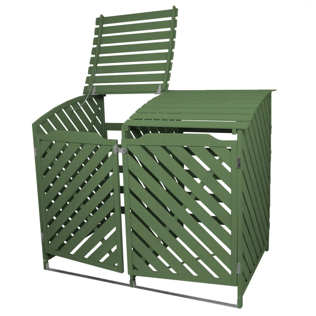 Sage green double wheelie bin storage with slatted design, featuring a hinged lid and two doors for easy access and ventilation