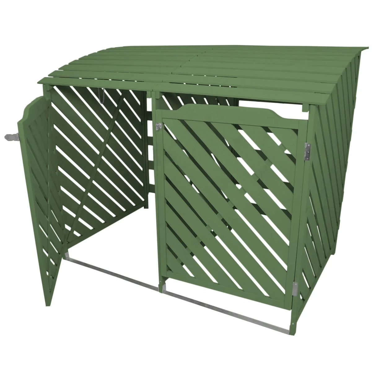 Sage green double wheelie bin storage with a slatted design, featuring two doors and a sloped roof for easy access and ventilation
