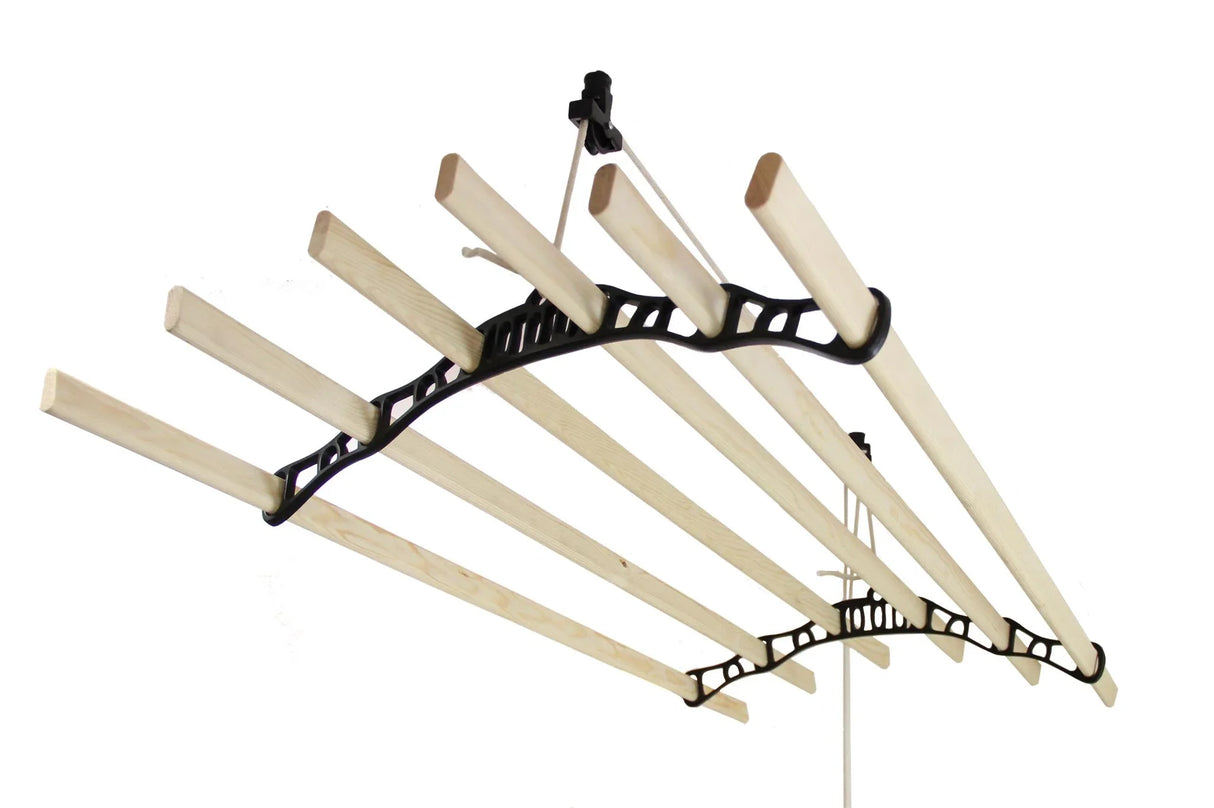 Ceiling-mounted black clothing airer with six wooden drying rods, ideal for maximizing space and efficient laundry drying