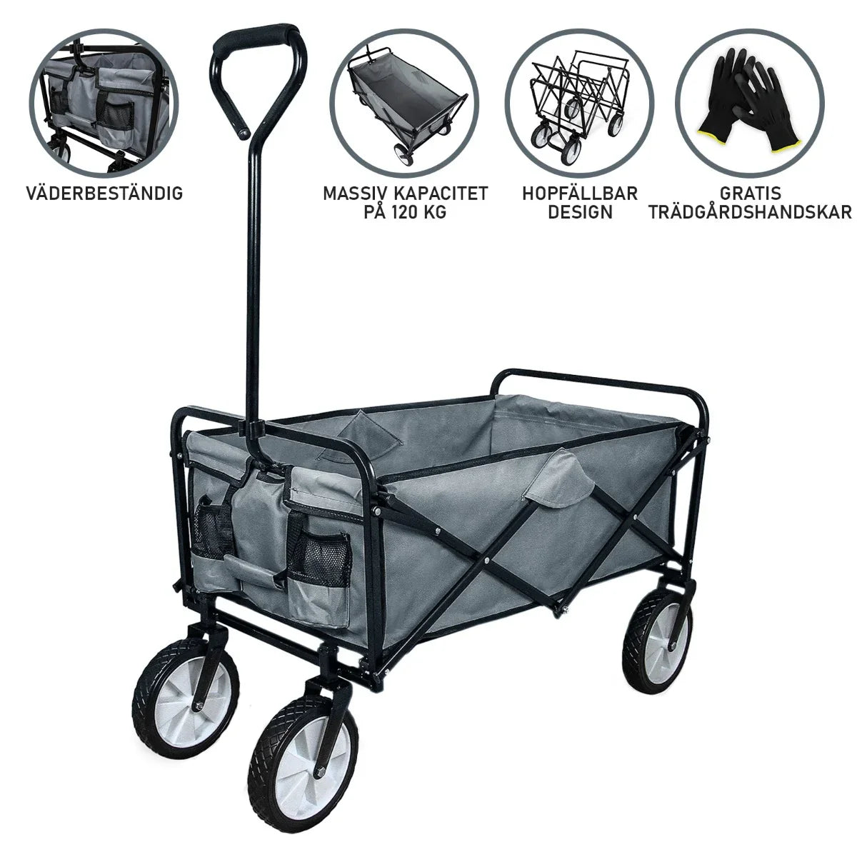 Grey foldable garden cart with sturdy black frame, large fabric storage area, and four wheels for easy mobility and transport