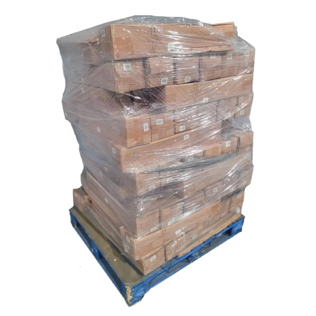 Stacked boxes on a blue wooden pallet, wrapped in clear plastic, containing hairpin legs for furniture assembly