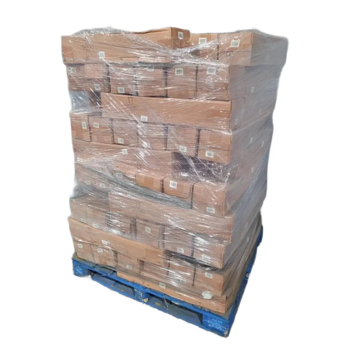 Mixed pallet of hairpin legs stacked in cardboard boxes, wrapped in plastic, resting on a blue wooden pallet for shipping
