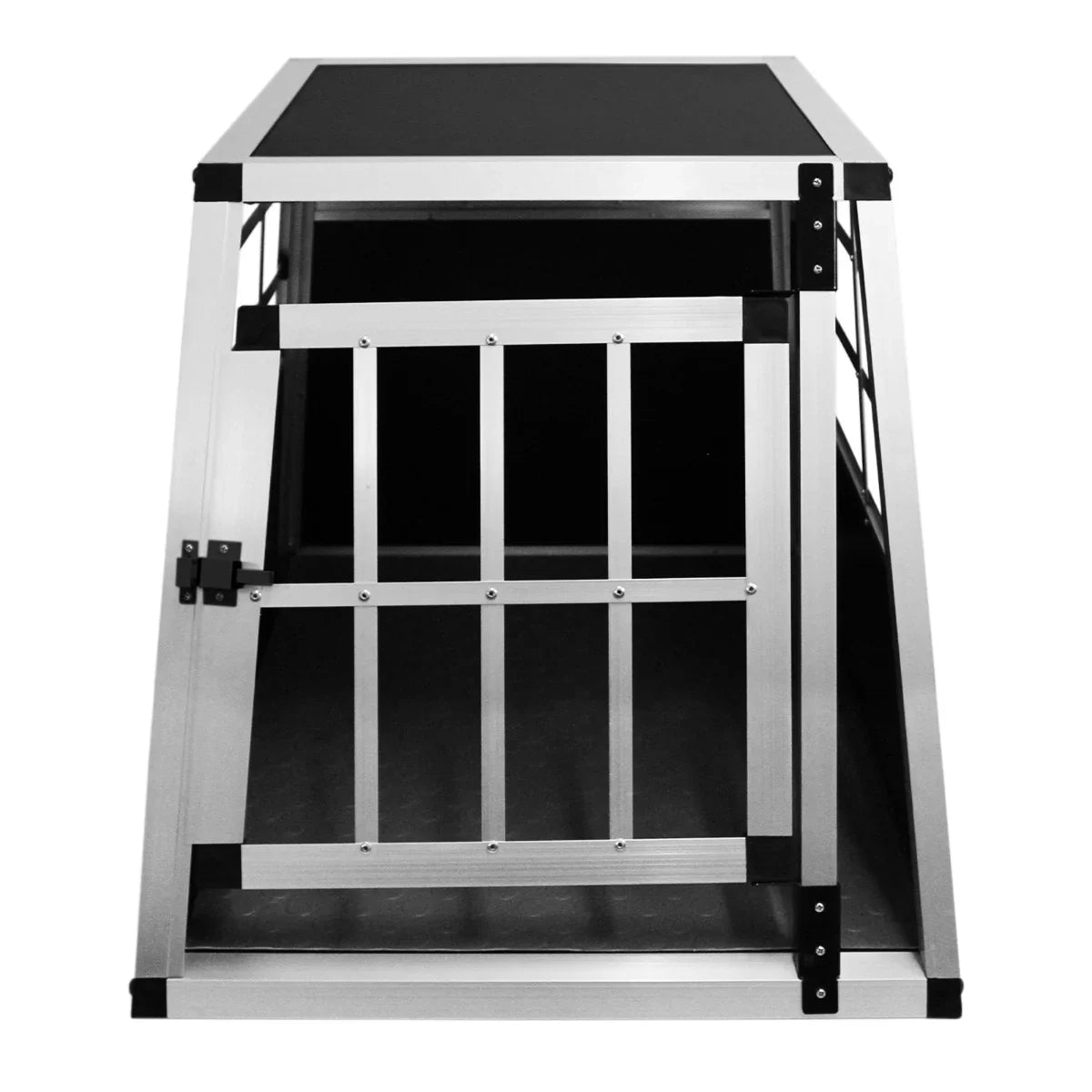 Small single door car dog crate with a sturdy aluminum frame, black top, and a secure metal grid door for pet safety