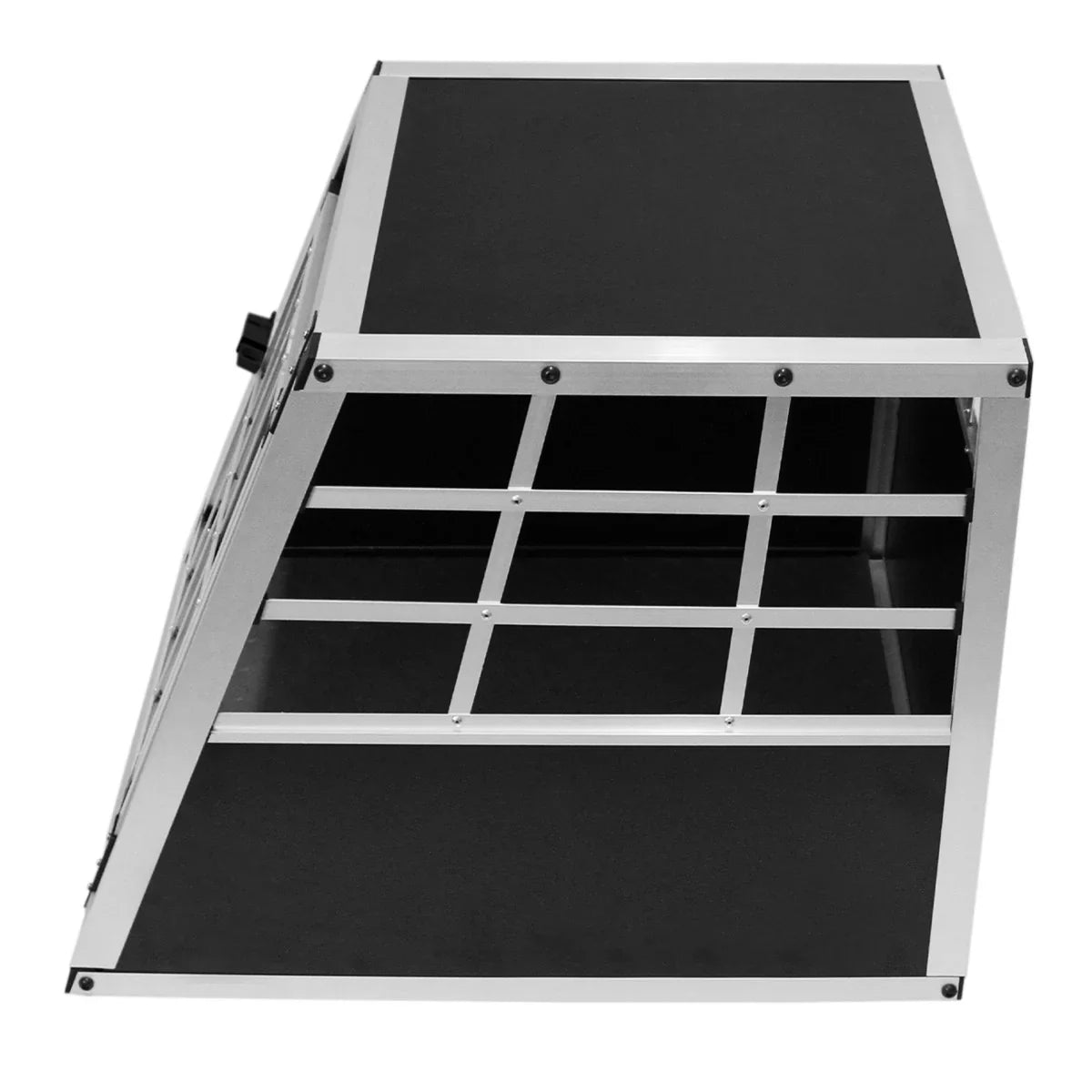 Small single door car dog pet crate with a sleek black aluminum frame and sturdy wire mesh for ventilation and visibility